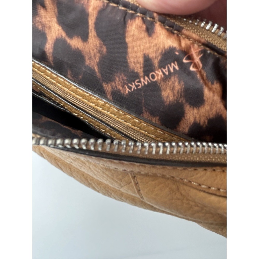 B Makowsky Tan  Leather Hobo Shoulder Bag Purse Leopard Lining Y2K Vintage - Picture 15 of 16